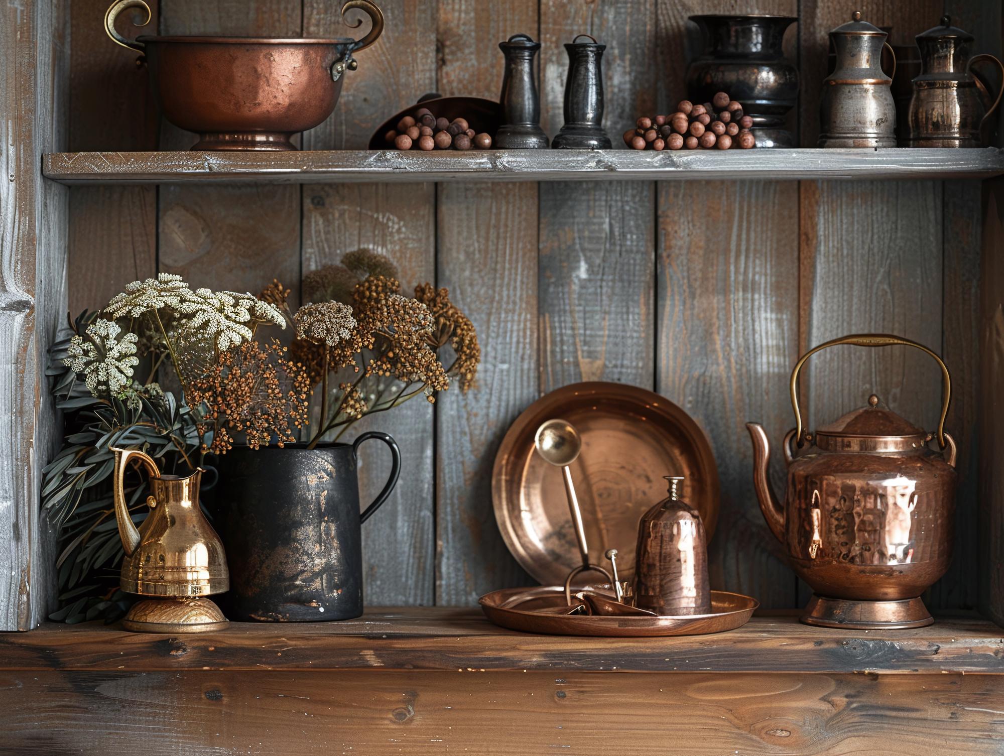 Rustic kitchen bench with copper pots