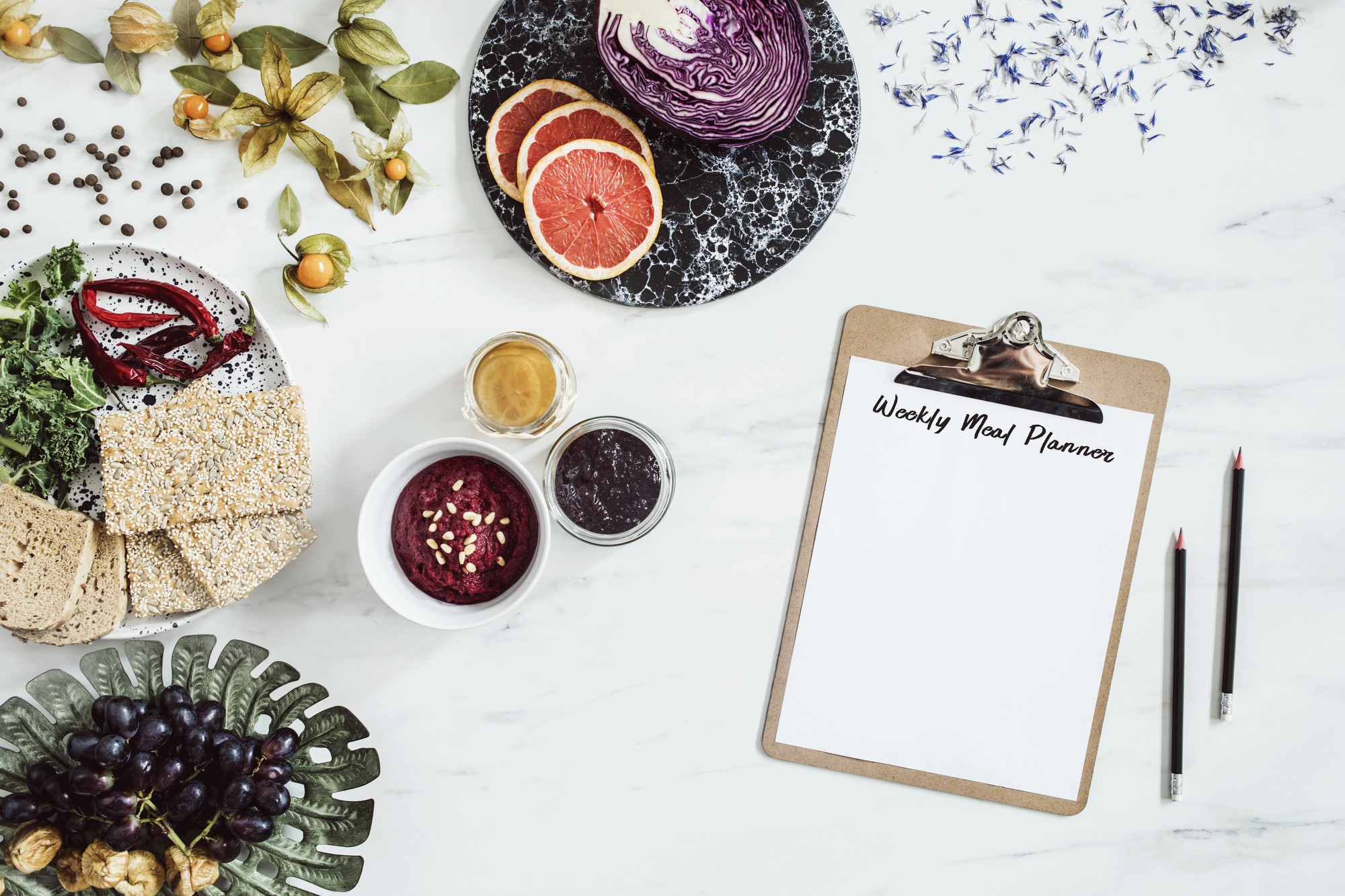 Printed menu and recipe cards on a table
